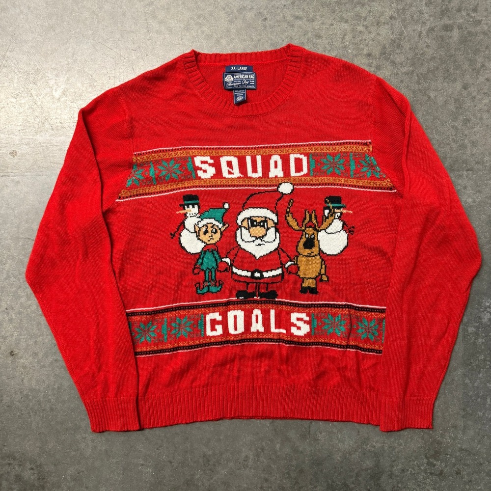 American Rag Mens Red Squad Goals Santa Elf Reindeer Christmas Sweater XXL